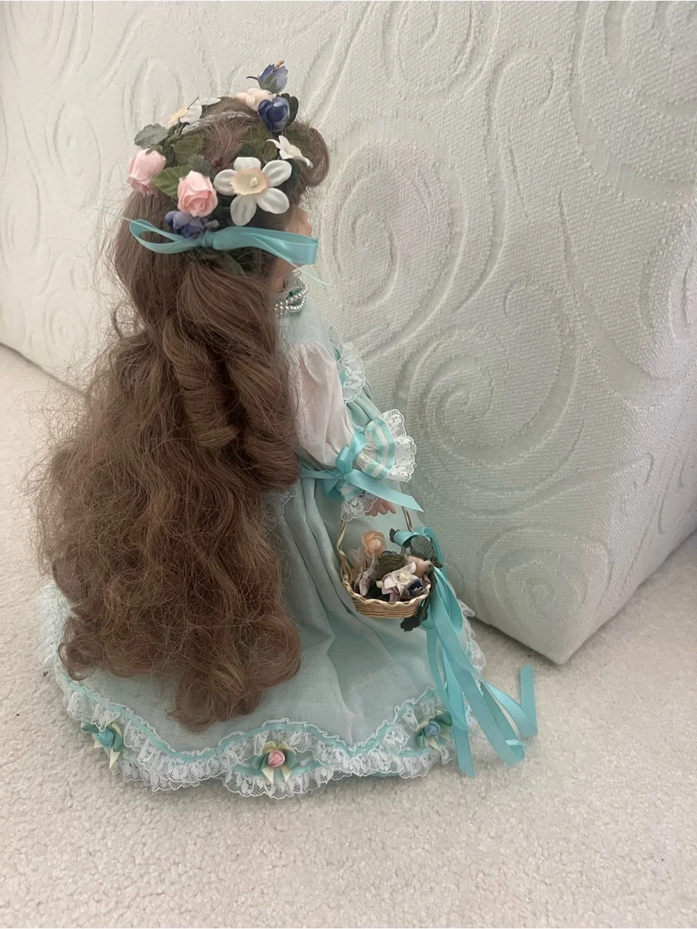 Vintage Collectible Mint Green Porcelain Doll Floral Headpiece BasketCollectible